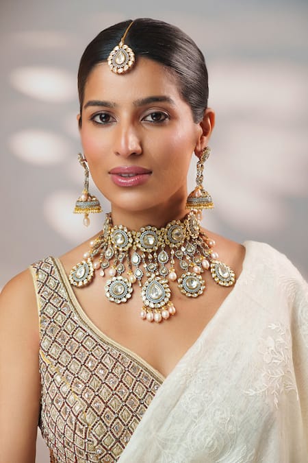 Shop_Zevar By Geeta_Gold Plated Pearls, Stones, Crystals Kundan And Polki Tassel Drops Necklace Set _Online_at_Aza_Fashions