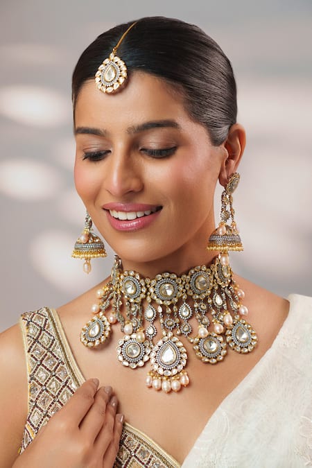 Zevar By Geeta_Gold Plated Pearls, Stones, Crystals Kundan And Polki Tassel Drops Necklace Set _at_Aza_Fashions