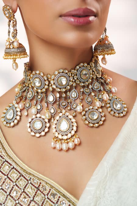 Buy_Zevar By Geeta_Gold Plated Pearls, Stones, Crystals Kundan And Polki Tassel Drops Necklace Set 