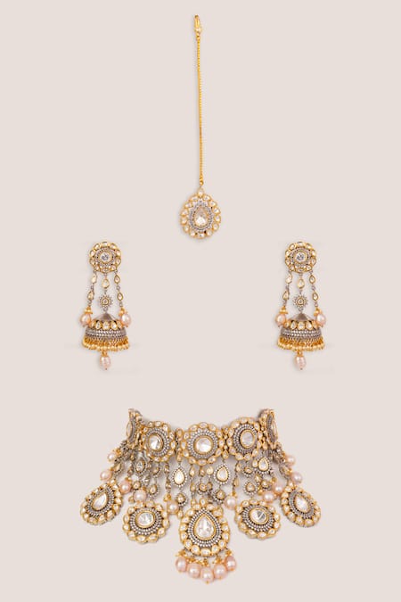 Zevar By Geeta Kundan & Polki Tassel Drops Necklace Set 