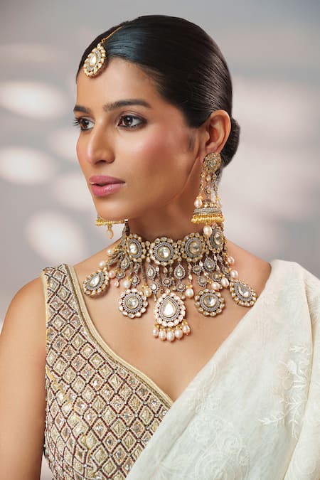 Zevar By Geeta Kundan & Polki Tassel Drops Necklace Set 