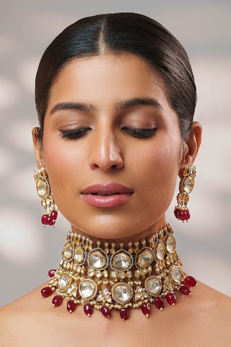 Buy_Zevar By Geeta_Gold Plated Stones, Pearls, Beads, Kundan And Polki Embellished Choker Set _Online_at_Aza_Fashions