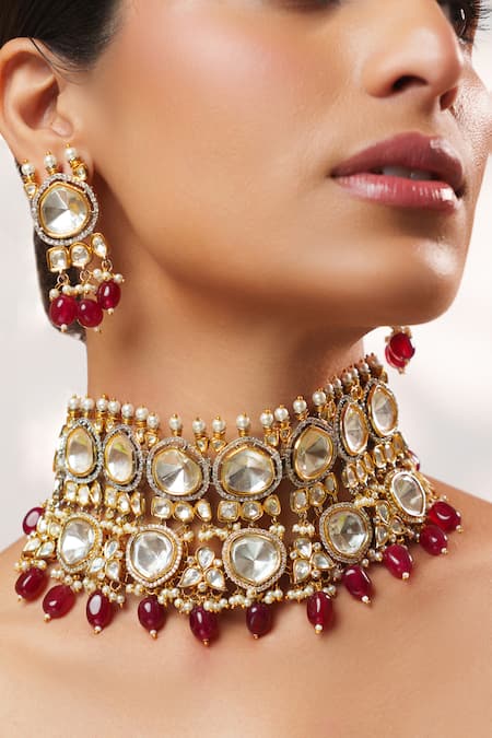 Shop_Zevar By Geeta_Gold Plated Stones, Pearls, Beads, Kundan And Polki Embellished Choker Set _Online_at_Aza_Fashions