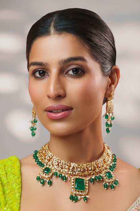 Buy_Zevar By Geeta_Gold Plated Stones, Pearls, Crystals Kundan And Jadau Studded Necklace Set _Online_at_Aza_Fashions