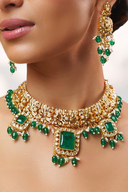 Shop_Zevar By Geeta_Gold Plated Stones, Pearls, Crystals Kundan And Jadau Studded Necklace Set _Online_at_Aza_Fashions
