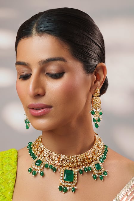 Zevar By Geeta Gold Plated Stones, Pearls, Crystals Kundan And Jadau Studded Necklace Set 