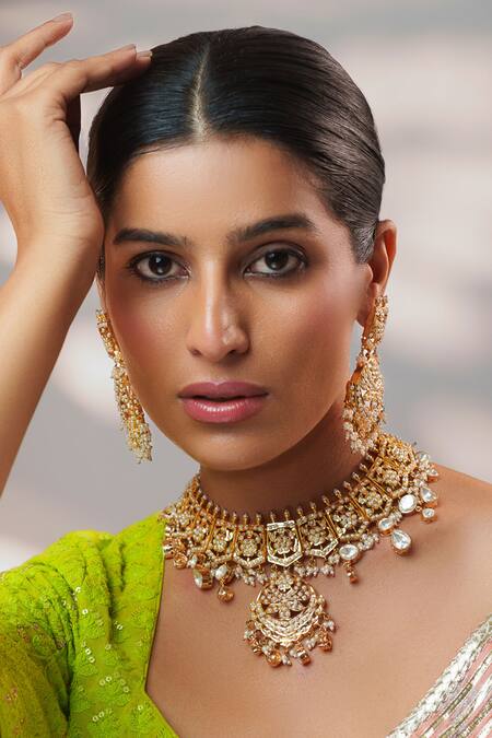 Zevar By Geeta_Gold Plated Pearls, Stones, Crystals Kundan And Polki Studded Necklace Set _Online_at_Aza_Fashions