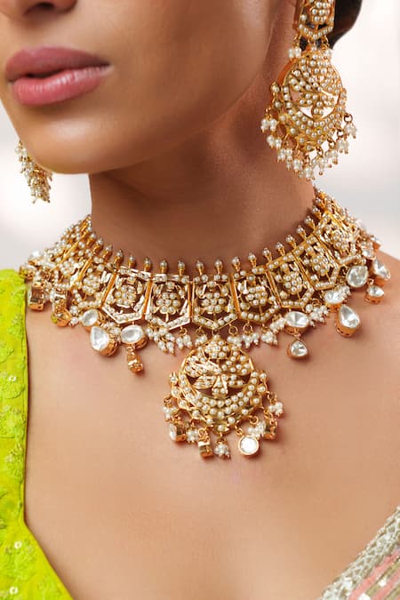 Buy_Zevar By Geeta_Gold Plated Pearls, Stones, Crystals Kundan And Polki Studded Necklace Set _Online_at_Aza_Fashions