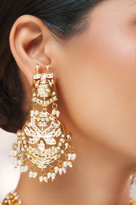 Shop_Zevar By Geeta_Gold Plated Pearls, Stones, Crystals Kundan And Polki Studded Necklace Set _Online_at_Aza_Fashions