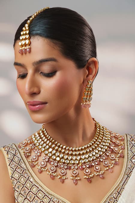 Zevar By Geeta_Gold Plated Stones, Pearls, Crystals Kundan And Polki Embellished Necklace Set _Online_at_Aza_Fashions