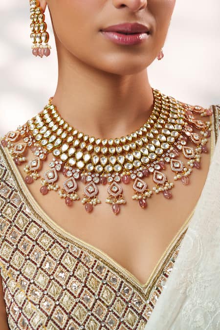 Buy_Zevar By Geeta_Gold Plated Stones, Pearls, Crystals Kundan And Polki Embellished Necklace Set _Online_at_Aza_Fashions