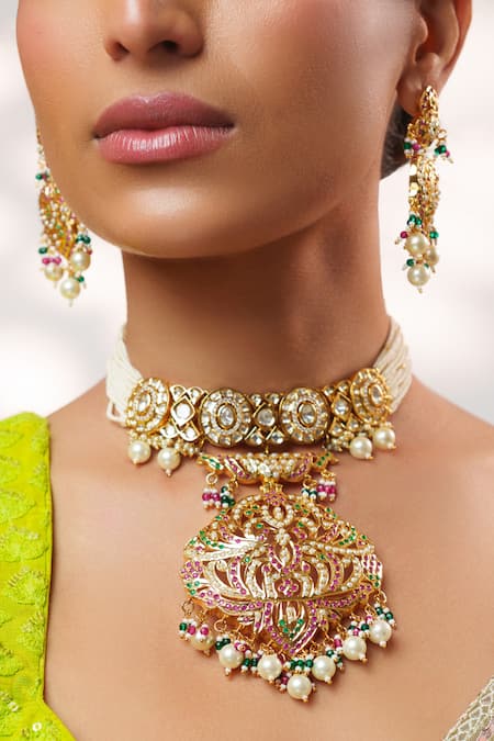 Shop_Zevar By Geeta_Multi Color Stones, Pearls, Crystals Kundan And Jadau Choker Set _Online_at_Aza_Fashions