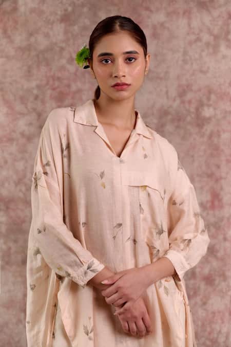 Buy_Doodlage_Beige Bemberg, Linen Collared, V-neck Printed Tunic _Online_at_Aza_Fashions
