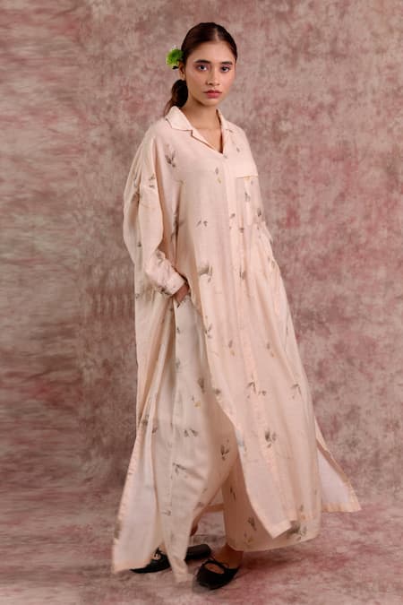 Shop_Doodlage_Beige Bemberg, Linen Collared, V-neck Printed Tunic _Online_at_Aza_Fashions