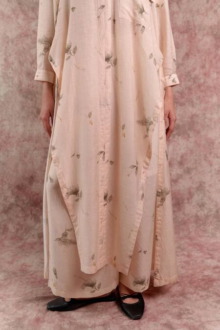 Doodlage_Beige Bemberg, Linen Collared, V-neck Printed Tunic _at_Aza_Fashions