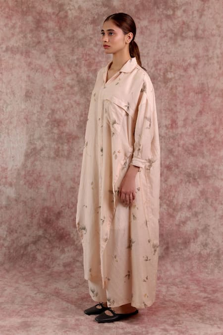 Buy_Doodlage_Beige Bemberg, Linen Collared, V-neck Printed Tunic 