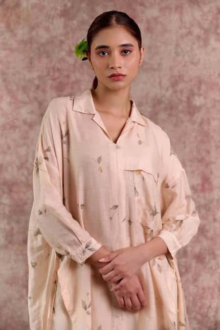 Buy_Doodlage_Beige Bemberg, Linen Collared, V-neck Printed Tunic And Pant Set _Online_at_Aza_Fashions