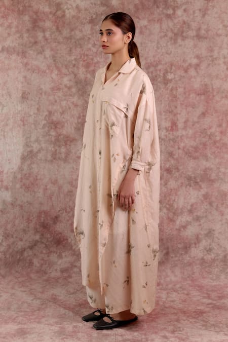 Buy_Doodlage_Beige Bemberg, Linen Collared, V-neck Printed Tunic And Pant Set 