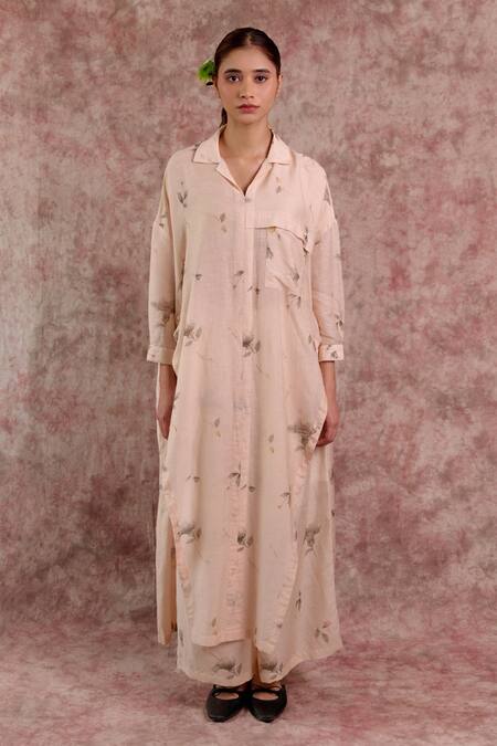 Shop_Doodlage_Beige Bemberg, Linen Collared, V-neck Printed Tunic And Pant Set 