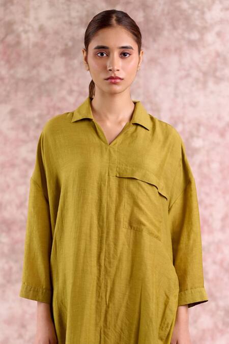 Shop_Doodlage_Green Bemberg, Linen Collared, V-neck Tunic _Online_at_Aza_Fashions