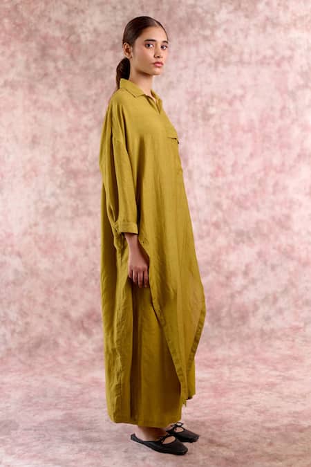 Doodlage_Green Bemberg, Linen Collared, V-neck Tunic _at_Aza_Fashions