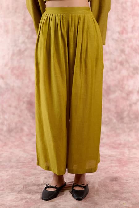 Buy_Doodlage_Green Bemberg, Linen Collared, V-neck Tunic And Pleated Pant Set _Online_at_Aza_Fashions