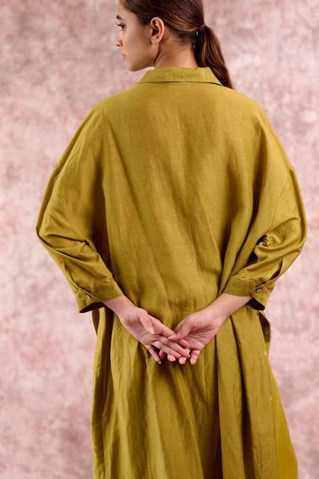 Shop_Doodlage_Green Bemberg, Linen Collared, V-neck Tunic And Pleated Pant Set _Online_at_Aza_Fashions