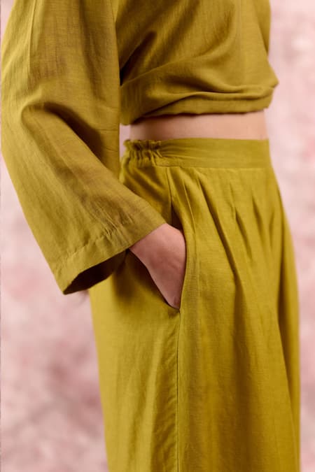 Buy_Doodlage_Green Bemberg, Linen Collared, V-neck Tunic And Pleated Pant Set 