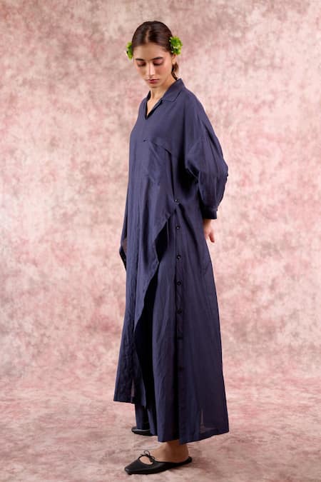Shop_Doodlage_Navy Bemberg, Linen Collared, V-neck Tunic _Online_at_Aza_Fashions