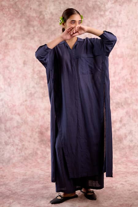 Buy_Doodlage_Navy Bemberg, Linen Collared, V-neck Tunic 