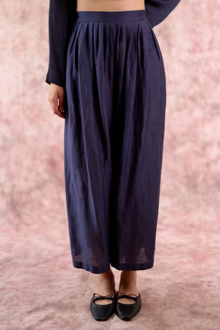 Buy_Doodlage_Navy Bemberg, Linen Collared, V-neck Tunic And Pleated Pant Set _Online_at_Aza_Fashions
