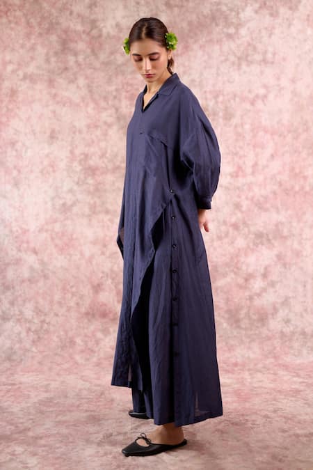 Shop_Doodlage_Navy Bemberg, Linen Collared, V-neck Tunic And Pleated Pant Set _Online_at_Aza_Fashions