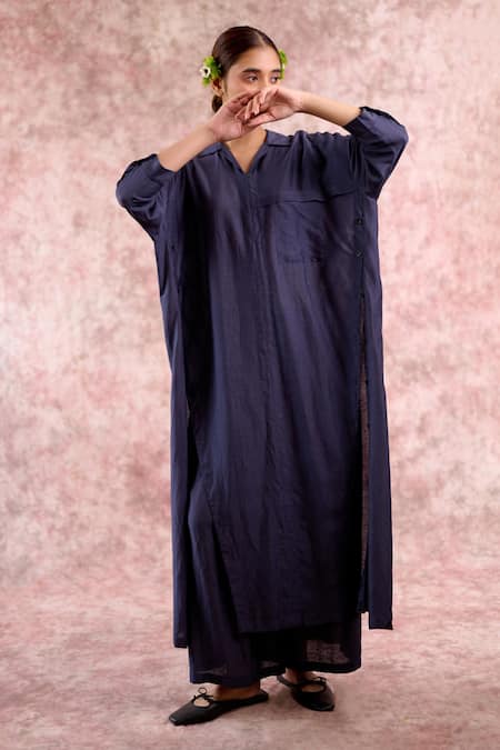 Buy_Doodlage_Navy Bemberg, Linen Collared, V-neck Tunic And Pleated Pant Set 