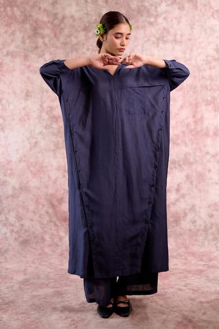 Shop_Doodlage_Navy Bemberg, Linen Collared, V-neck Tunic And Pleated Pant Set 