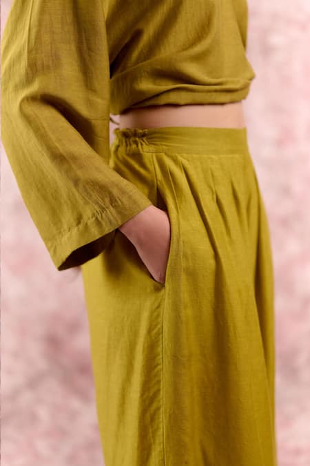 Buy_Doodlage_Green Bemberg, Linen Pleated Pant _Online_at_Aza_Fashions