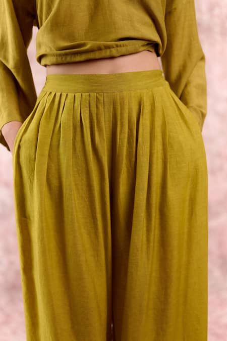 Shop_Doodlage_Green Bemberg, Linen Pleated Pant _Online_at_Aza_Fashions