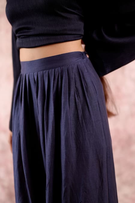 Buy_Doodlage_Navy Bemberg, Linen Pleated Pant _Online_at_Aza_Fashions