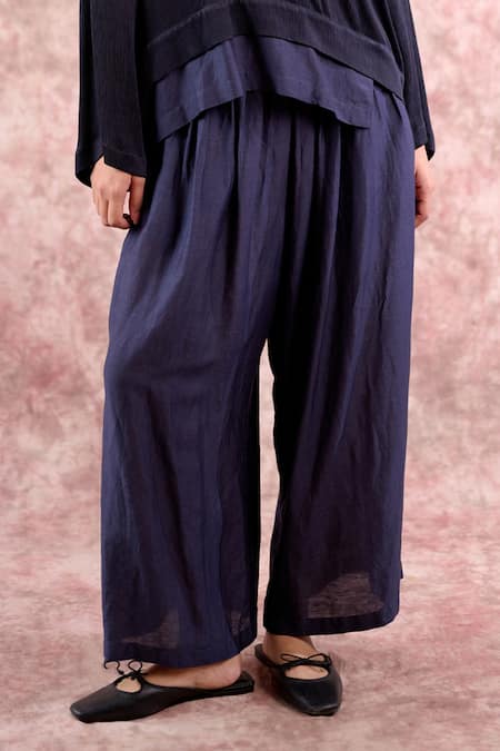 Shop_Doodlage_Navy Bemberg, Linen Pleated Pant _Online_at_Aza_Fashions