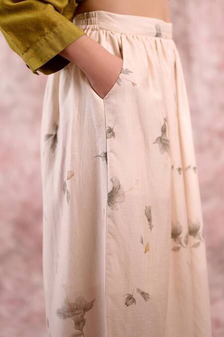 Doodlage_Beige Bemberg, Linen Printed Pant _Online_at_Aza_Fashions