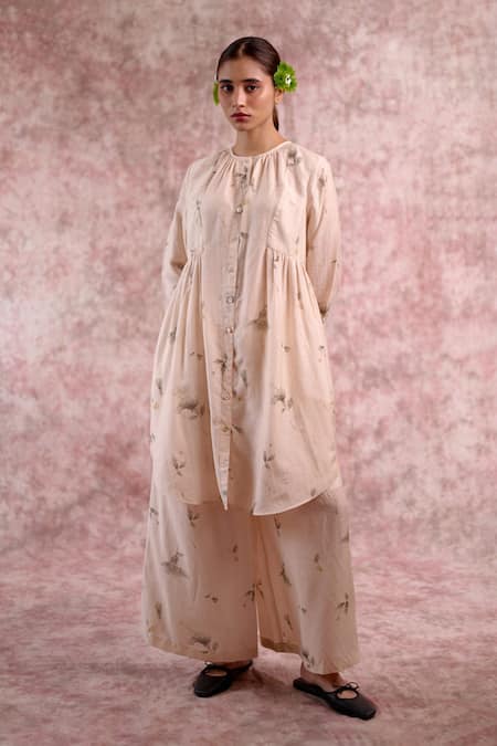 Shop_Doodlage_Beige Bemberg, Linen Round Neck Gathered Front Button Tunic _Online_at_Aza_Fashions