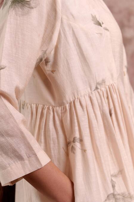 Buy_Doodlage_Beige Bemberg, Linen Round , Button-down Printed Tunic And Pant Set _Online_at_Aza_Fashions