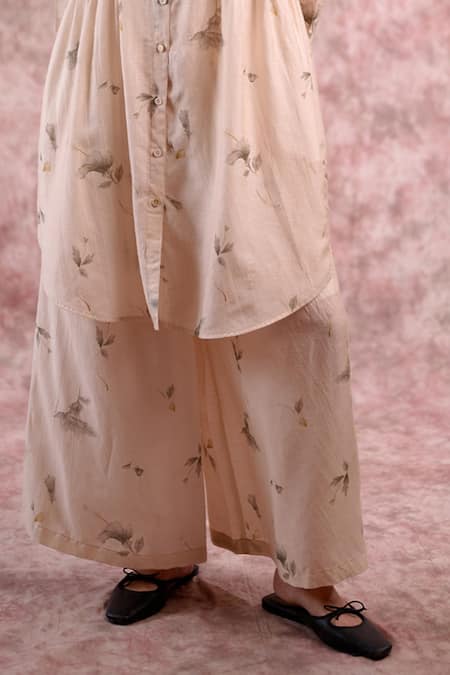 Shop_Doodlage_Beige Bemberg, Linen Round , Button-down Printed Tunic And Pant Set _Online_at_Aza_Fashions