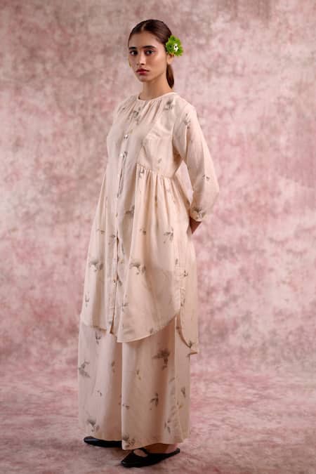 Doodlage_Beige Bemberg, Linen Round , Button-down Printed Tunic And Pant Set _at_Aza_Fashions