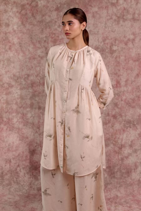 Shop_Doodlage_Beige Bemberg, Linen Round , Button-down Printed Tunic And Pant Set 