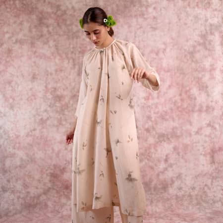 Buy_Doodlage_Beige Bemberg, Linen Round Neck Printed Gathered Tunic 