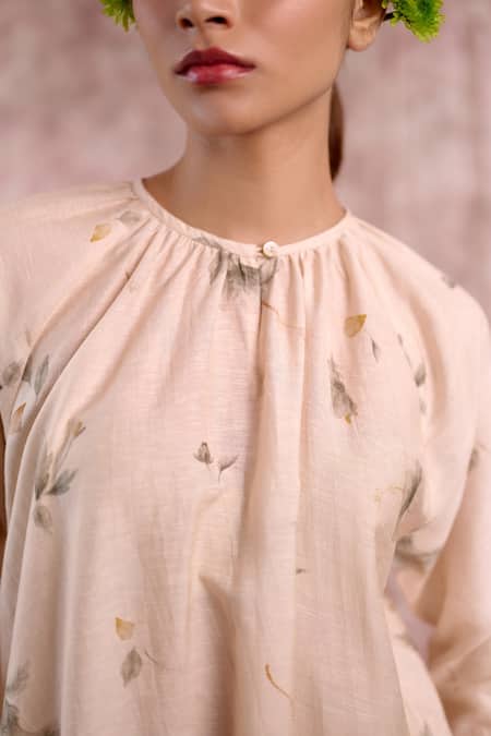 Shop_Doodlage_Beige Bemberg, Linen Round Neck Printed Tunic And Pant Set _Online_at_Aza_Fashions