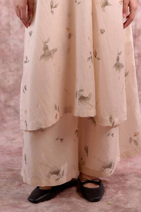 Doodlage_Beige Bemberg, Linen Round Neck Printed Tunic And Pant Set _at_Aza_Fashions