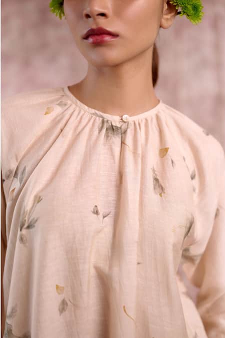Buy_Doodlage_Beige Bemberg, Linen V-neck Printed Layered Top _Online_at_Aza_Fashions