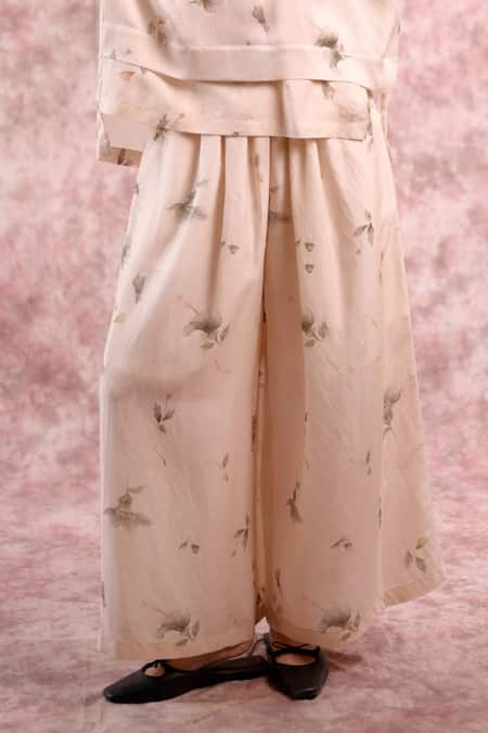 Buy_Doodlage_Beige Bemberg, Linen V-neck Printed Top And Palazzo Set _Online_at_Aza_Fashions