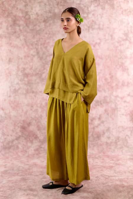 Buy_Doodlage_Green Bemberg, Linen V-neck Top And Pleated Pant Set _Online_at_Aza_Fashions